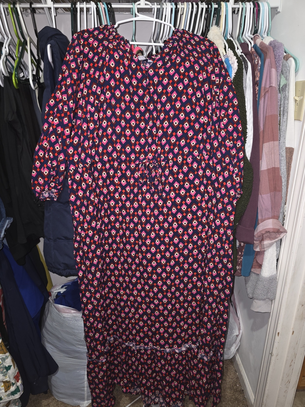croft & barrow Navy Maxi Dress with Pink and Red Geometric Print